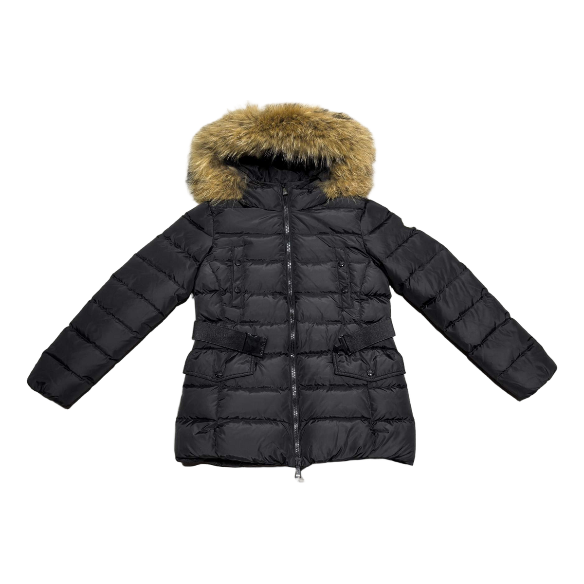 Moncler Four-Pocket Belted Fur-Trim Down Jacket - Black