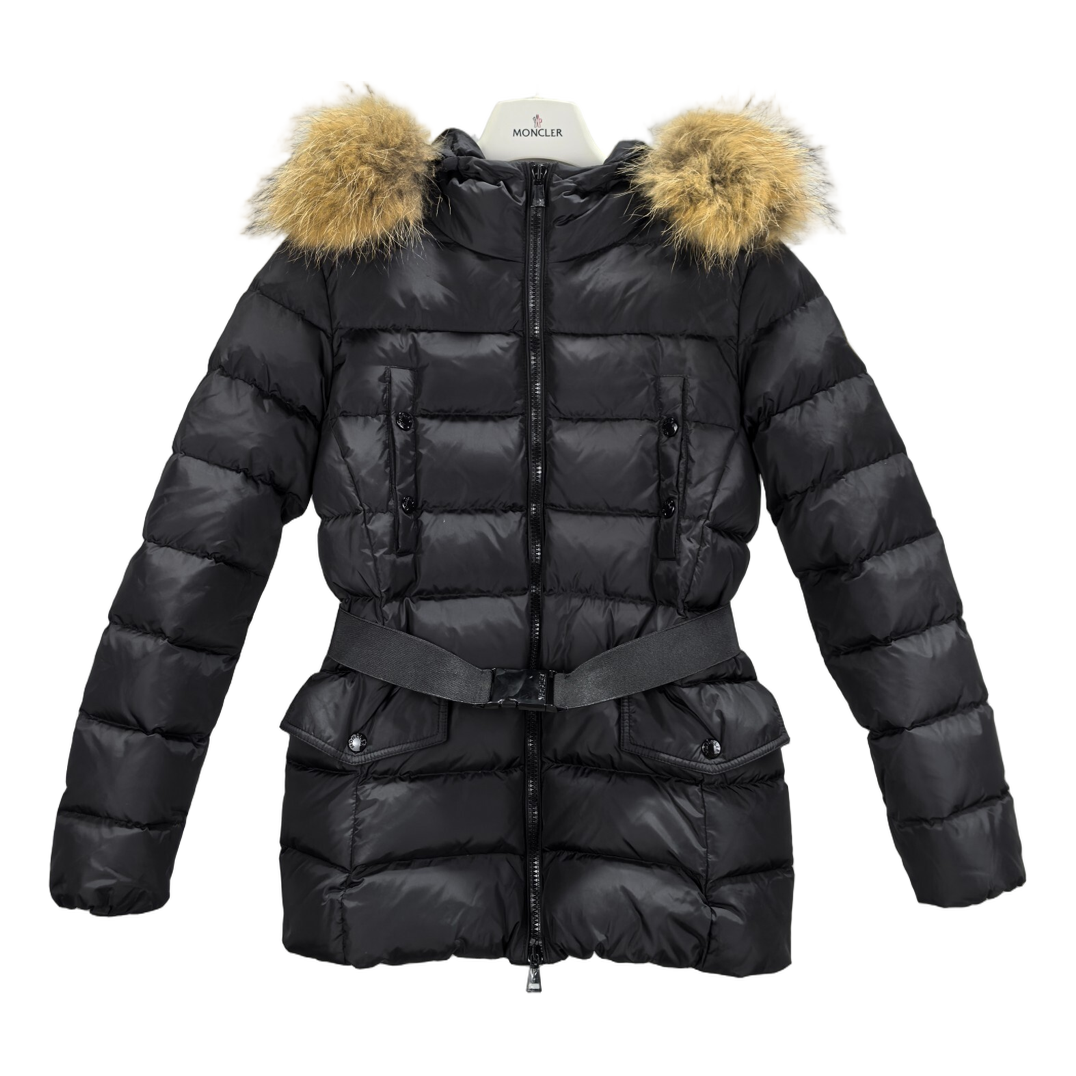 Moncler Four-Pocket Belted Fur-Trim Down Jacket - Black