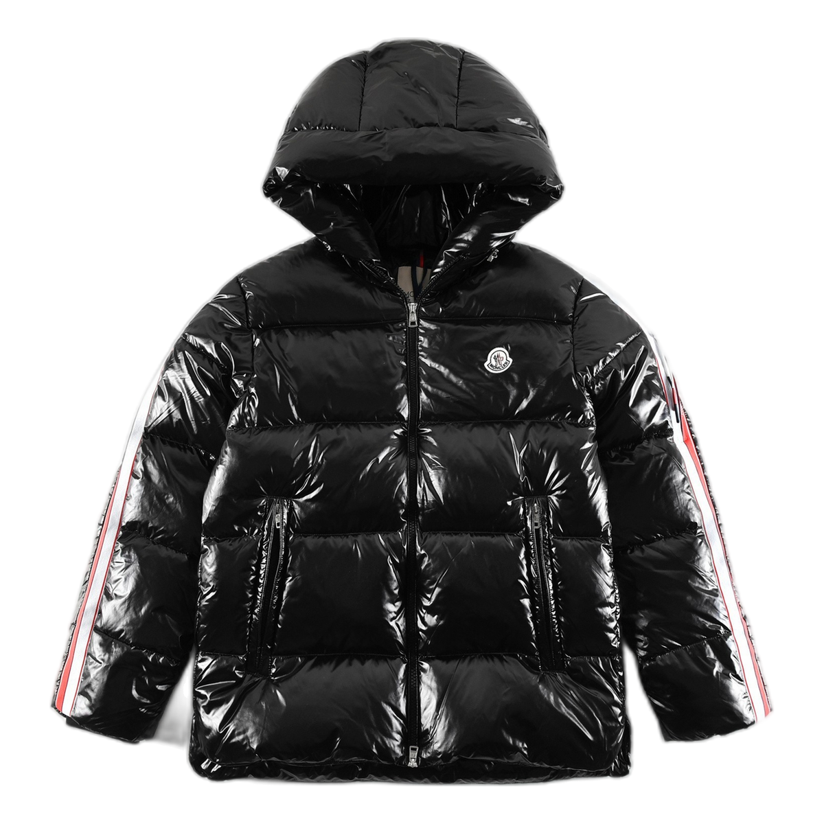 Moncler Glossy Hooded Puffer Jacket with Tricolour Sleeve Stripe
