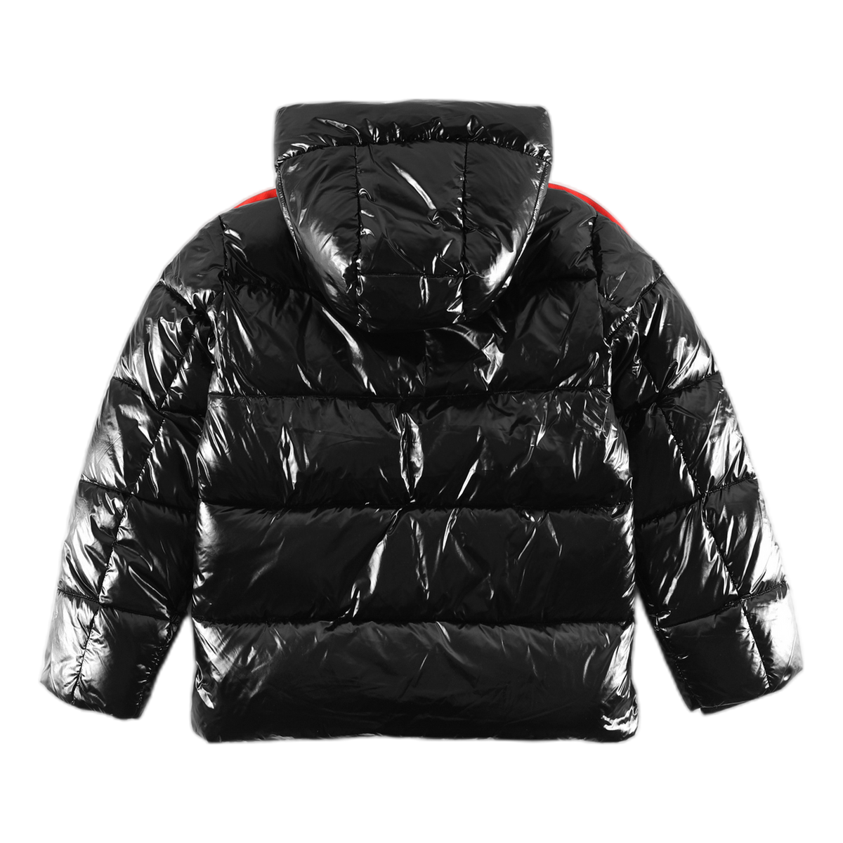 Moncler Glossy Hooded Puffer Jacket with Tricolour Sleeve Stripe