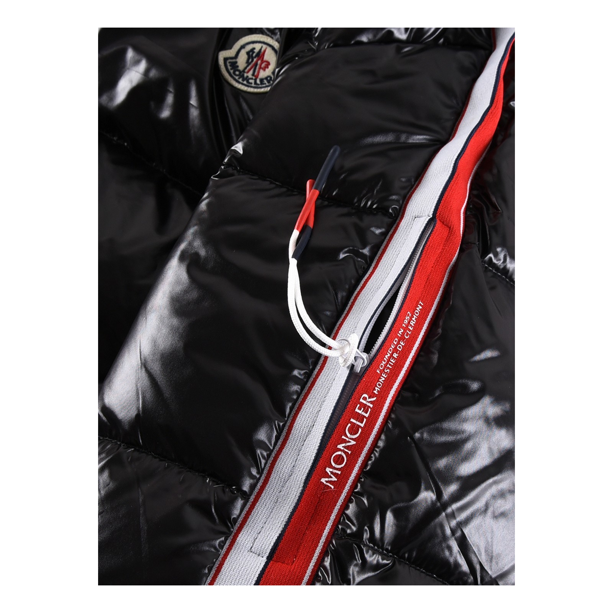 Moncler Glossy Hooded Puffer Jacket with Tricolour Sleeve Stripe