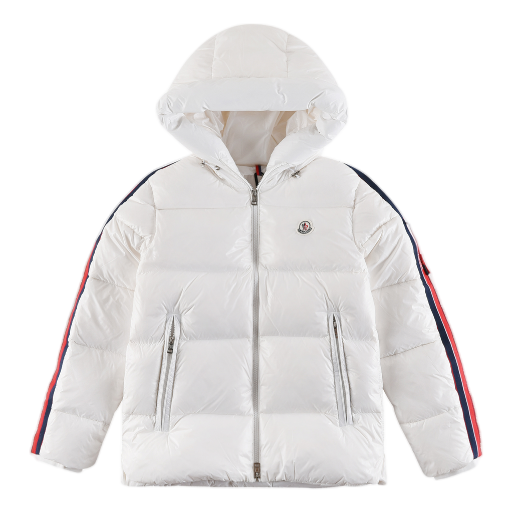 Moncler Glossy Hooded Puffer Jacket with Tricolour Sleeve Stripe