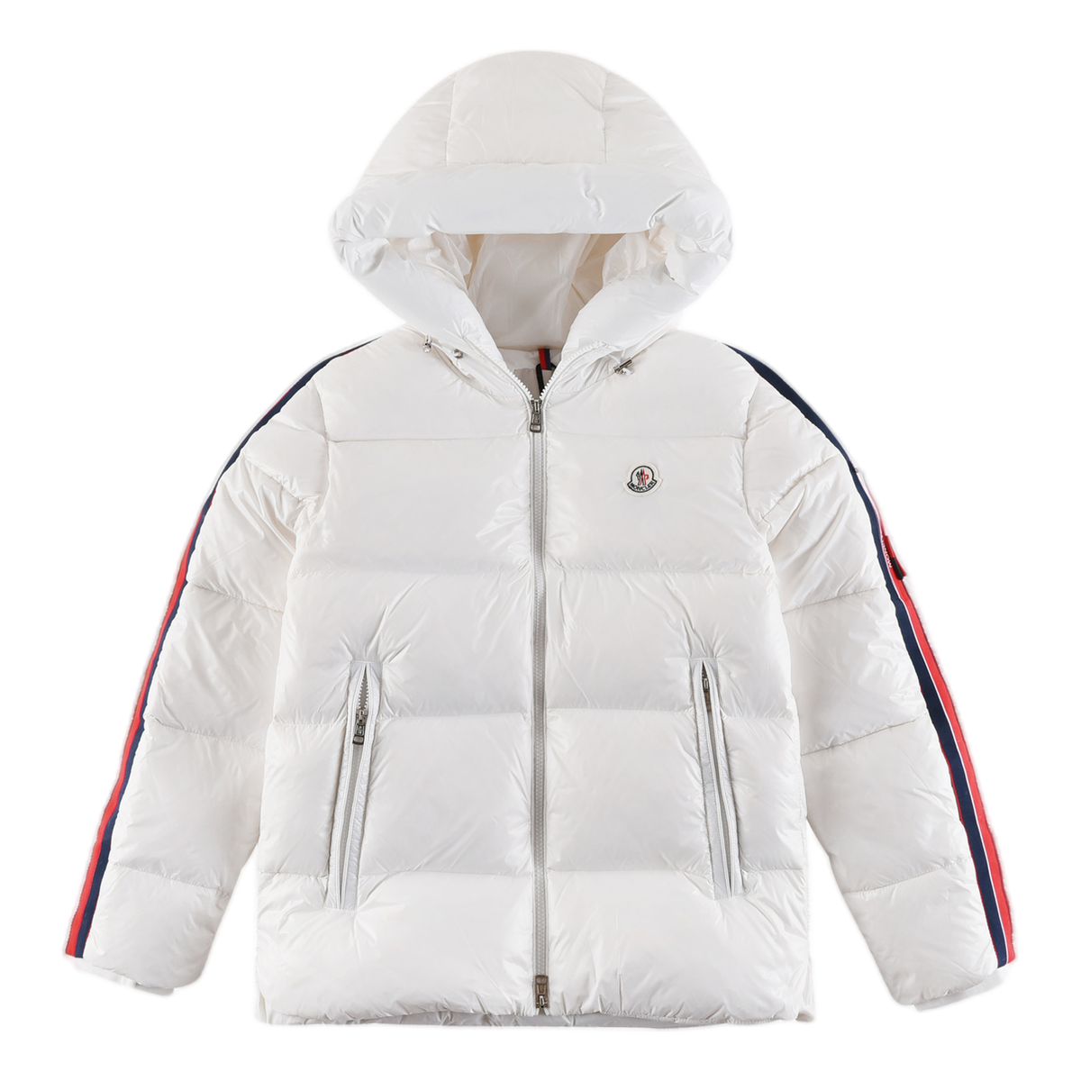Moncler Glossy Hooded Puffer Jacket with Tricolour Sleeve Stripe