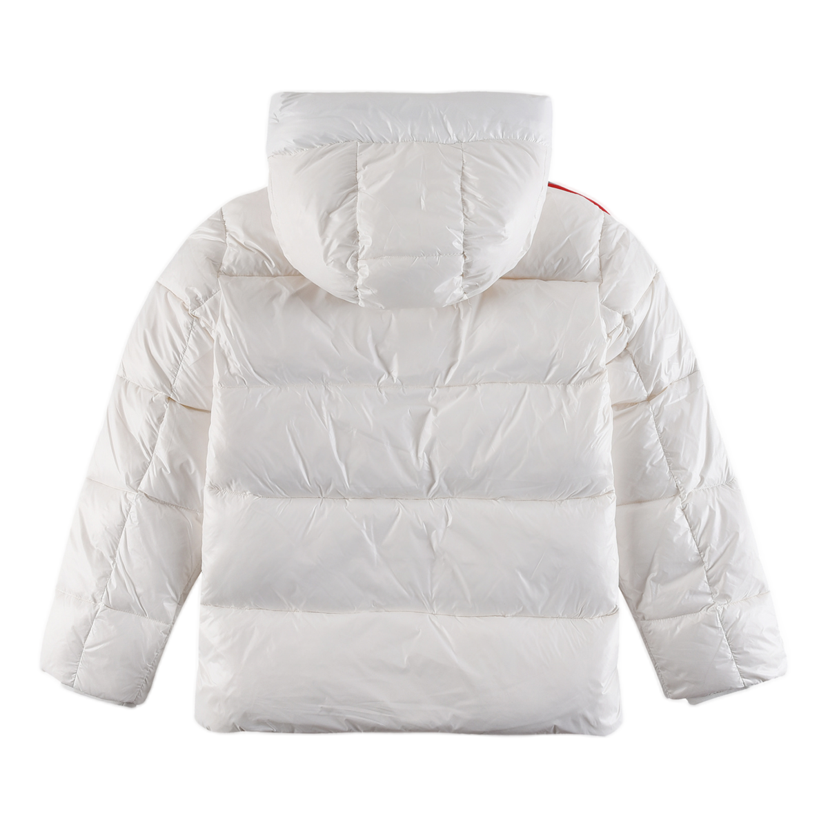 Moncler Glossy Hooded Puffer Jacket with Tricolour Sleeve Stripe