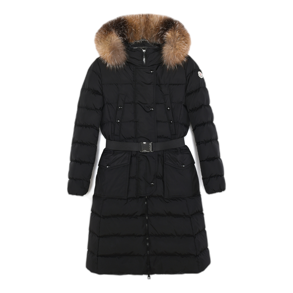 Moncler Khloe Belted Fur-Trim Hooded Long Down Coat - Black