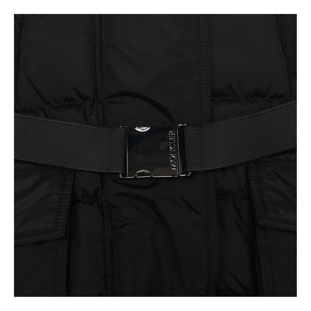Moncler Khloe Belted Fur-Trim Hooded Long Down Coat - Black