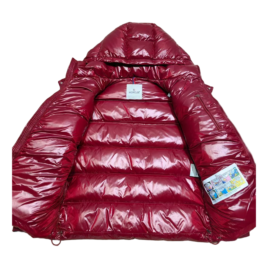 Moncler Logo-Zip Glossy Hooded Down Jacket - Red