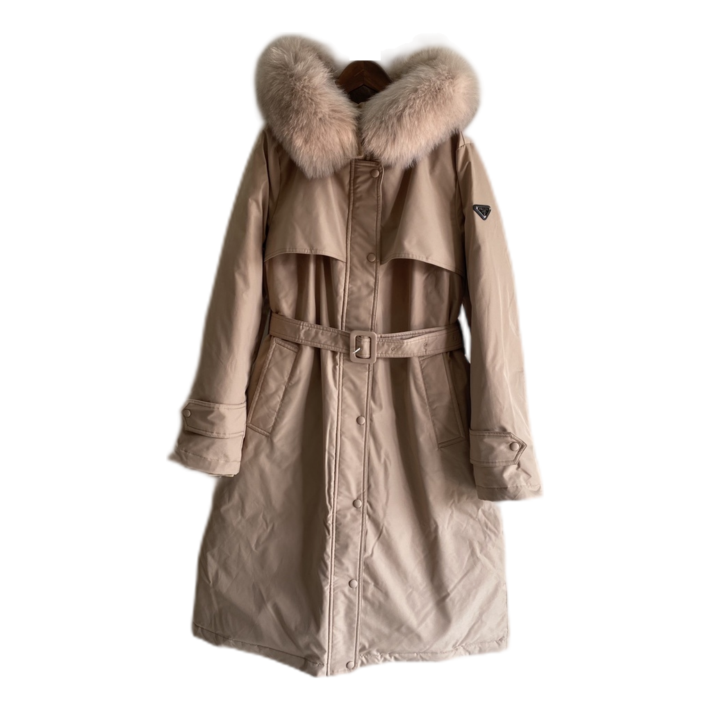 Prada Belted Faux Fur-Trim Hooded Coat in Blush Beige